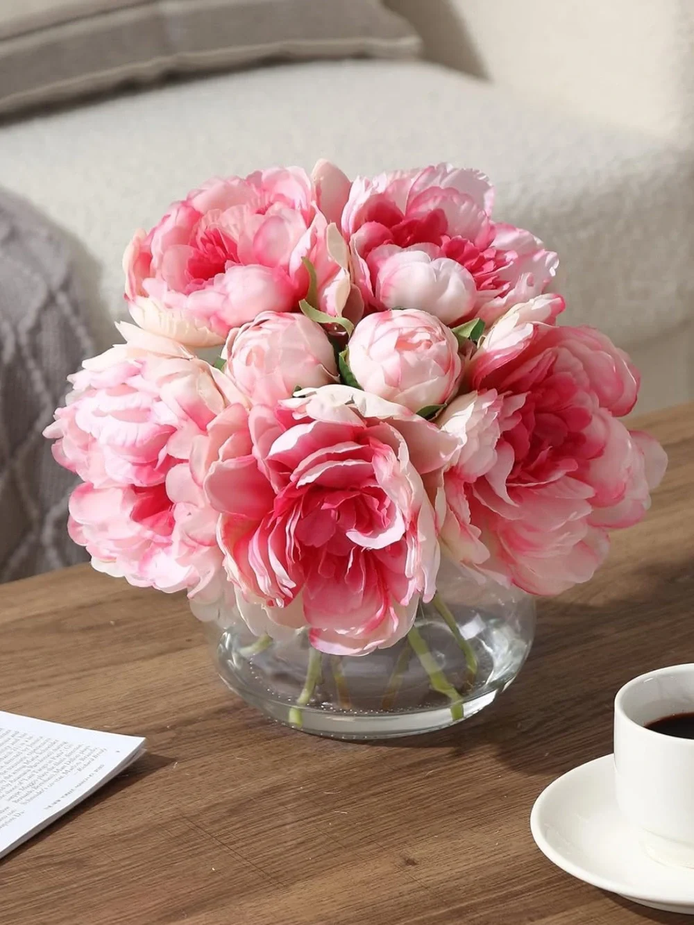 Pink Artificial Peony Bouquet in Glass Vase - Decorative Home Accent